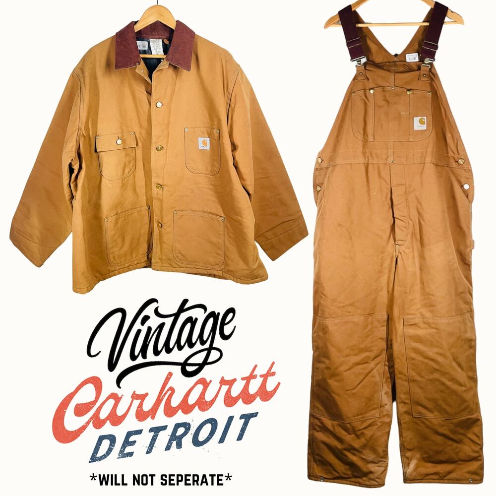 Vintage CARHARTT 2 Piece Set Mens Size 54 Brown Chore Coat Jacket Bib Overalls